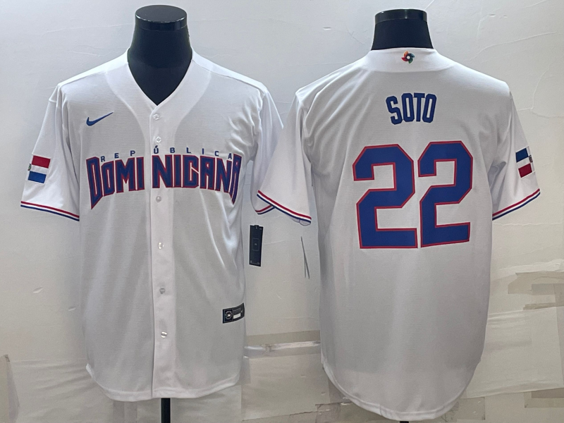 Men's Dominican Republic Baseball #22 Juan Soto 2023 White World Baseball Classic Stitched Jersey